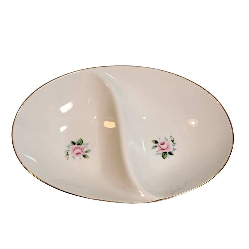 Vintage 1950s StyleHouse Divided Serving Bowl 11" Oval White Pink Gold Japan MCM